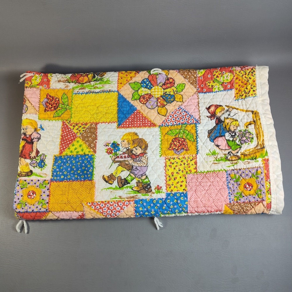 Vintage 1970s Hollie Hobbie Style Patchwork Quilt Blanket Handmade 52x44 Retro